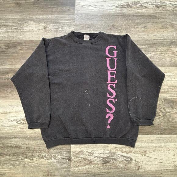 Vintage Guess Sweatshirt ‎ 80s 90s Charcoal Gray Womens L Spellout Crewneck USA - Picture 1 of 10